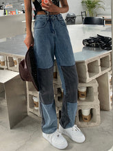 Street hip hop color Patchwork jeans High waist straight leg wide loose trousers Sai Feel